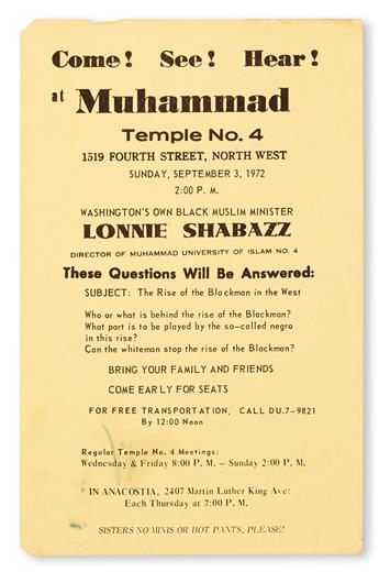 (ISLAM.) MUHAMMAD, ELIJAH, ET AL. Uline Arena, IN PERSON; COME See Hear Muhammad, Temple No 4. . . .Washington’s Own Lonnie Shabazz.